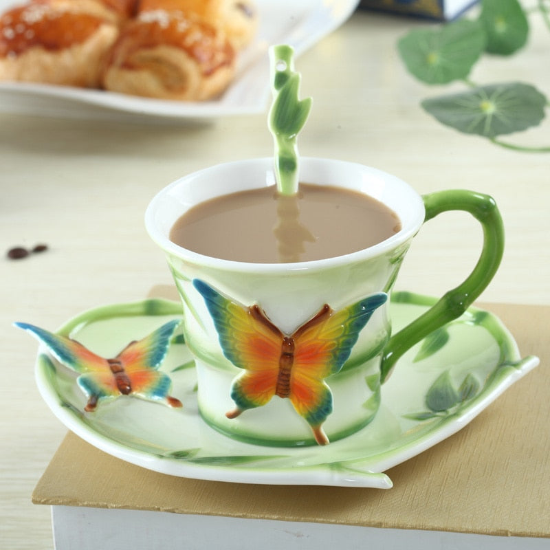 Butterfly Enamel Porcelain Coffee Tea Cup and Saucer Spoon Decoration Ceramic Tea Water Drinkware
