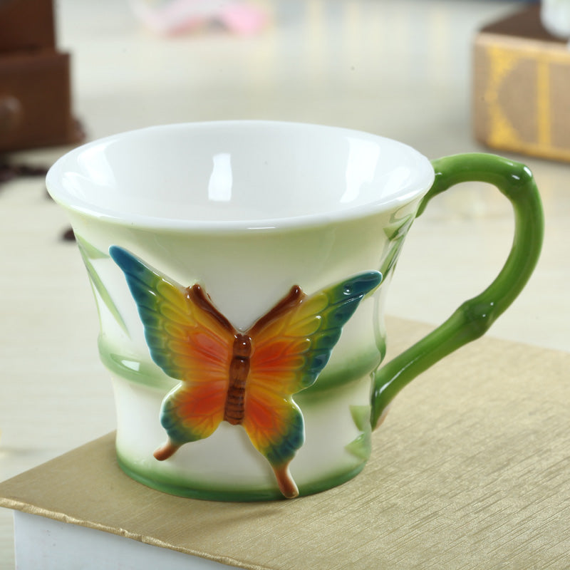Butterfly Enamel Porcelain Coffee Tea Cup and Saucer Spoon Decoration Ceramic Tea Water Drinkware
