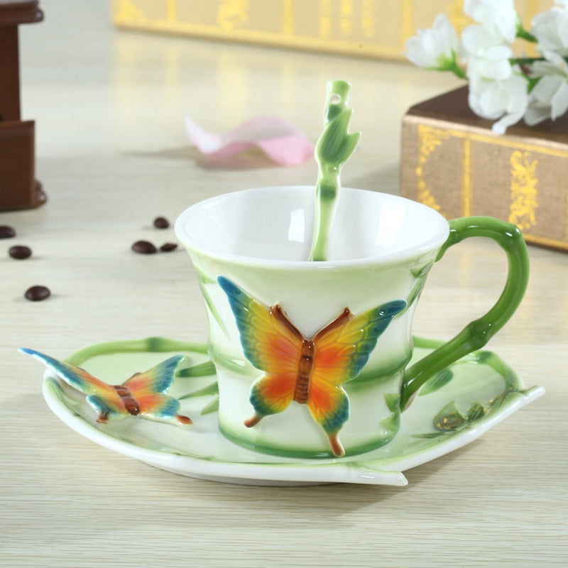 Butterfly Enamel Porcelain Coffee Tea Cup and Saucer Spoon Decoration Ceramic Tea Water Drinkware
