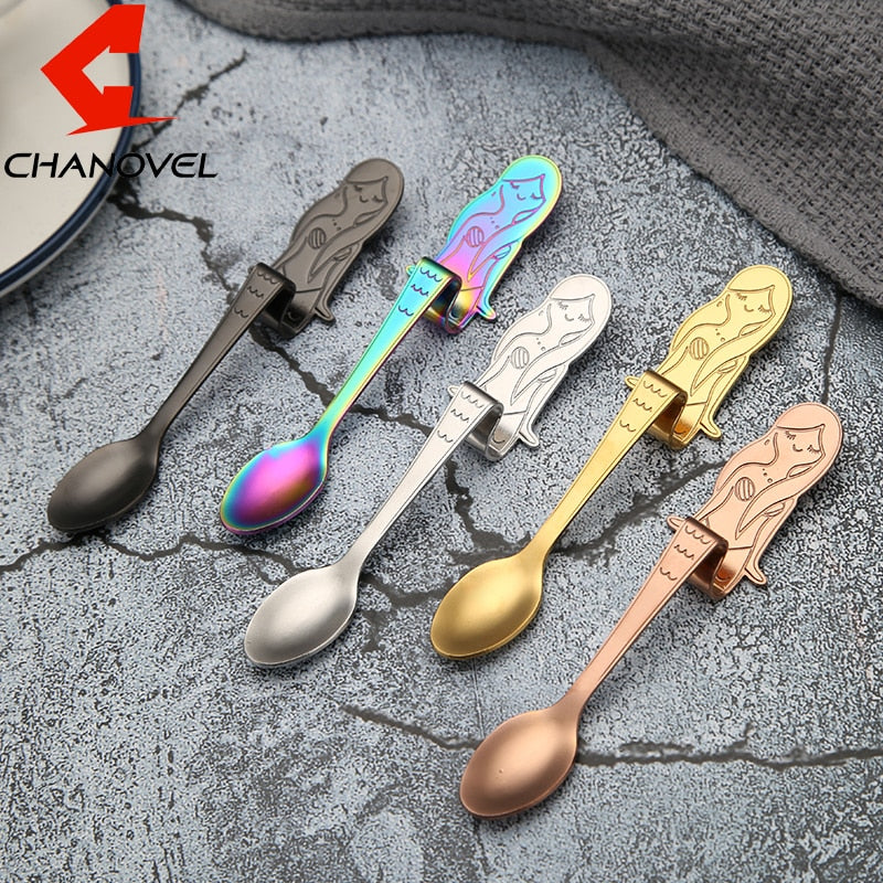 CHANOVEL 1Pcs 304 Stainless Steel Mermaid Spoon Creative Coffee Spoon Ice Cream Candy Teaspoon