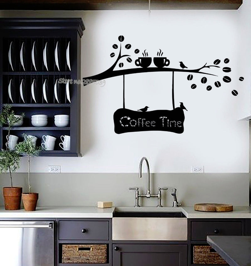 Coffee Time Quotes Vinyl Wall Decal Coffee Beans Branch Cup Birds Kitchen Decor Art Wall Stickers