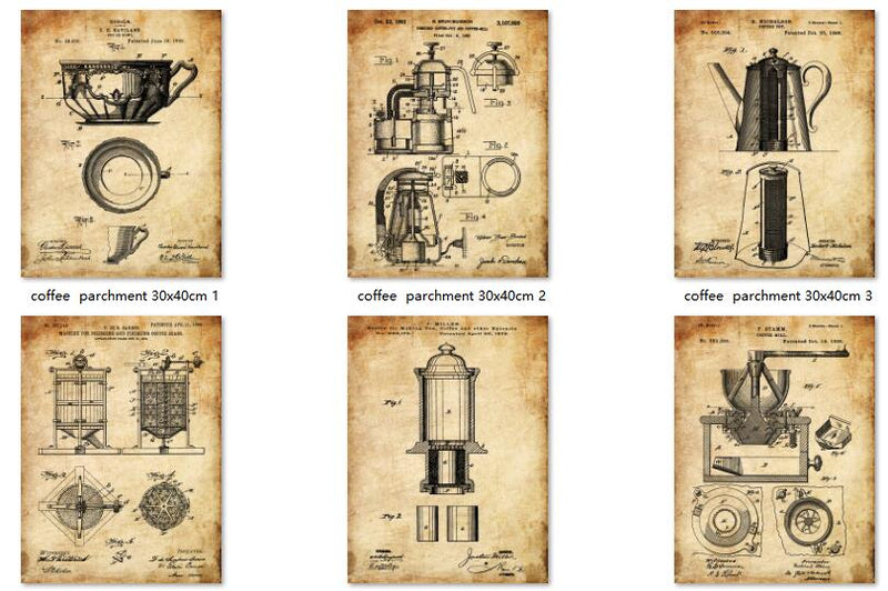 Coffee Vintage Patent Illustration Art Prints 6 in 1 set  Coffee Shop wall Decor Coffee Gift Coffee Wall