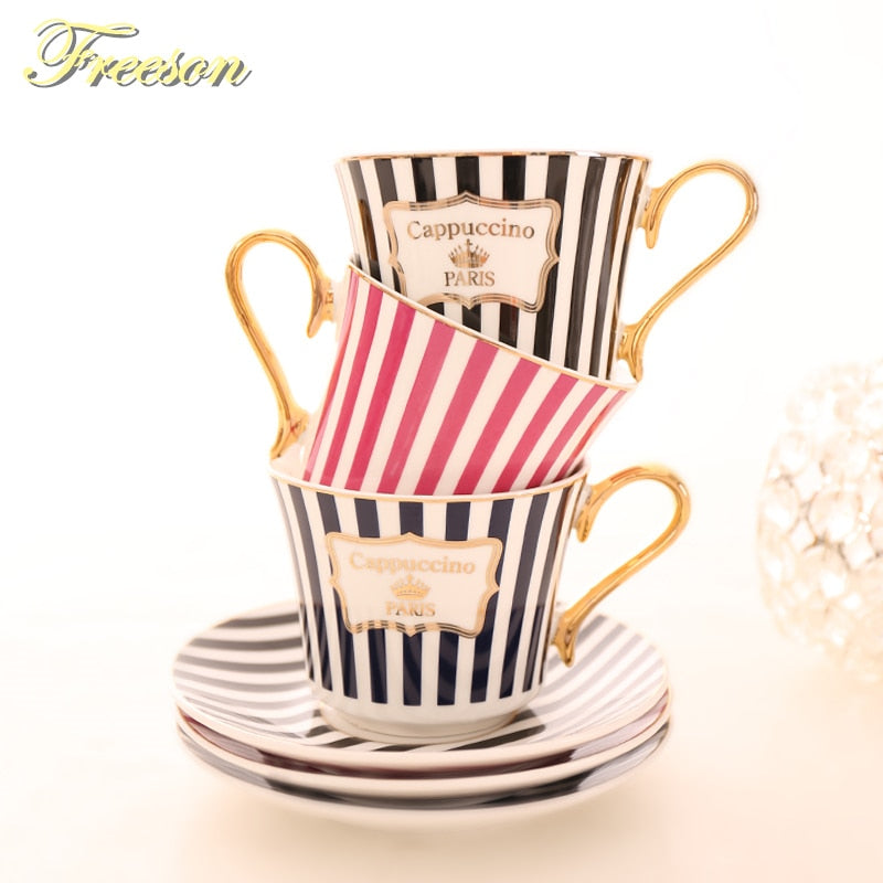 Concise Stripe Bone China Coffee Cup Saucer Gold Spoon Set Elegant Ceramic Tea Cup 225ml Porcelain