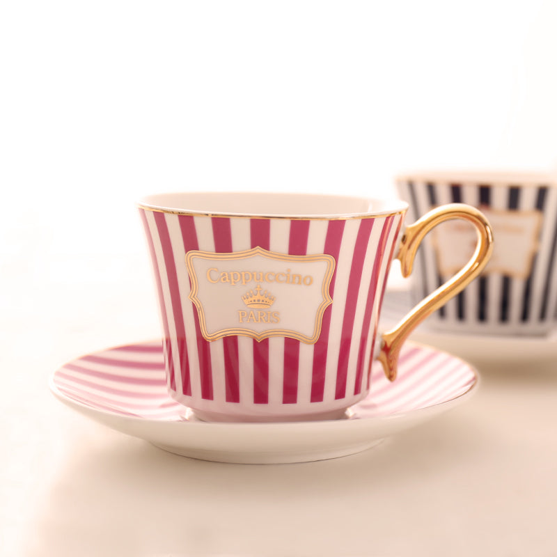 Concise Stripe Bone China Coffee Cup Saucer Gold Spoon Set Elegant Ceramic Tea Cup 225ml Porcelain