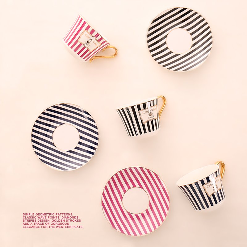 Concise Stripe Bone China Coffee Cup Saucer Gold Spoon Set Elegant Ceramic Tea Cup 225ml Porcelain