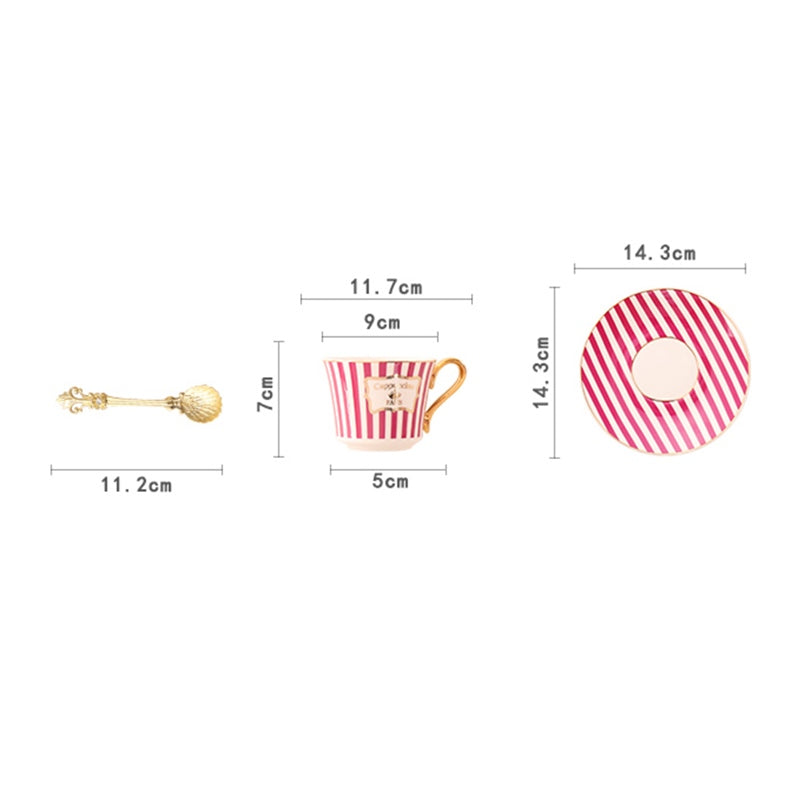 Concise Stripe Bone China Coffee Cup Saucer Gold Spoon Set Elegant Ceramic Tea Cup 225ml Porcelain