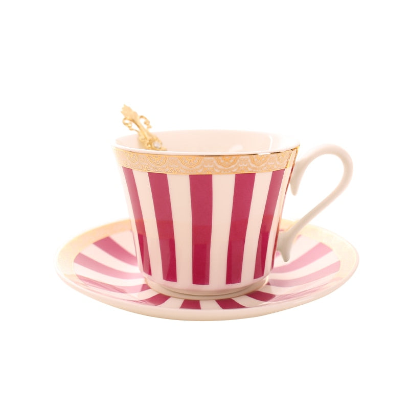 Concise Stripe Bone China Coffee Cup Saucer Gold Spoon Set Elegant Ceramic Tea Cup 225ml Porcelain