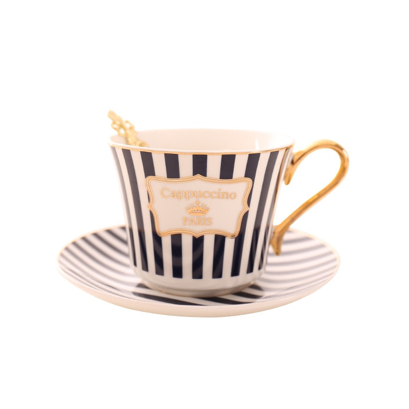 Concise Stripe Bone China Coffee Cup Saucer Gold Spoon Set Elegant Ceramic Tea Cup 225ml Porcelain