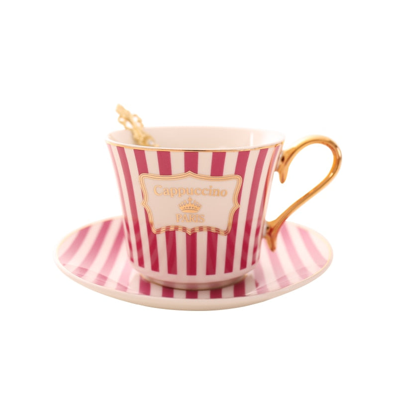 Concise Stripe Bone China Coffee Cup Saucer Gold Spoon Set Elegant Ceramic Tea Cup 225ml Porcelain