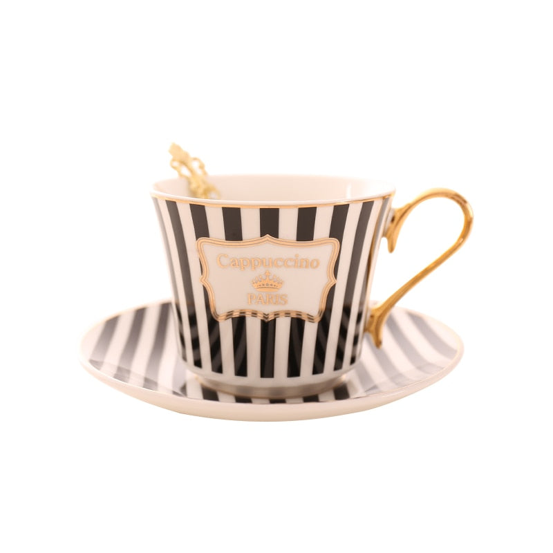 Concise Stripe Bone China Coffee Cup Saucer Gold Spoon Set Elegant Ceramic Tea Cup 225ml Porcelain