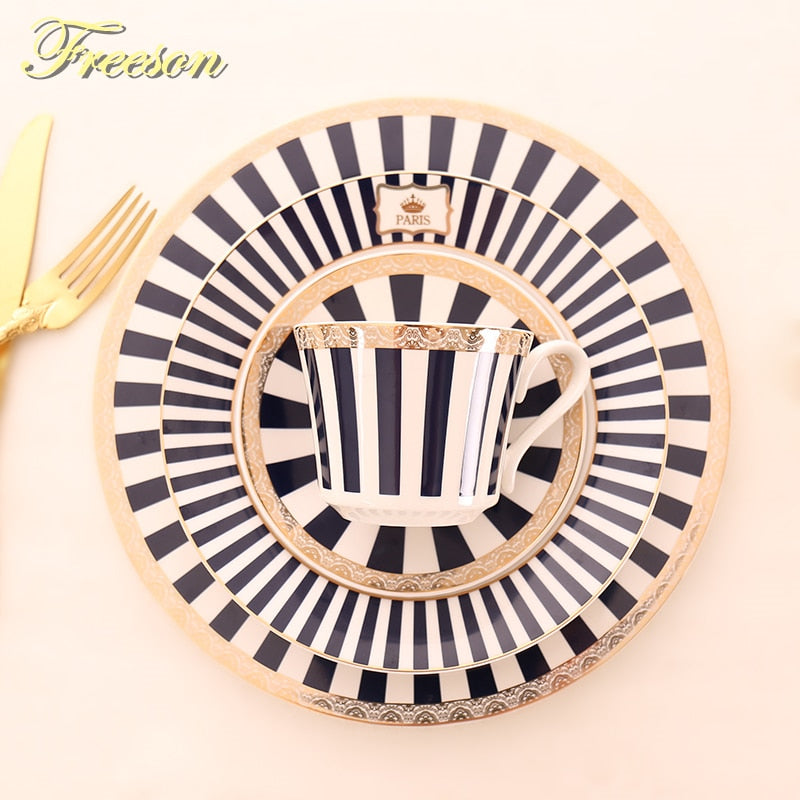 Concise Stripe Bone China Coffee Cup Saucer Gold Spoon Set Elegant Ceramic Tea Cup 225ml Porcelain