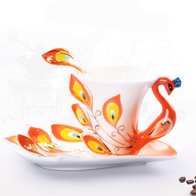 Creative 3D Hand Crafted Porcelain Enamel Peacock Coffee Cup Set with Saucer And Spoon Present