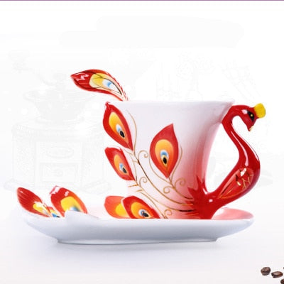 Creative 3D Hand Crafted Porcelain Enamel Peacock Coffee Cup Set with Saucer And Spoon Present