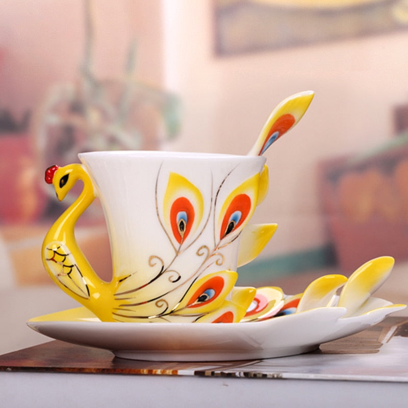 Creative 3D Hand Crafted Porcelain Enamel Peacock Coffee Cup Set with Saucer And Spoon Present