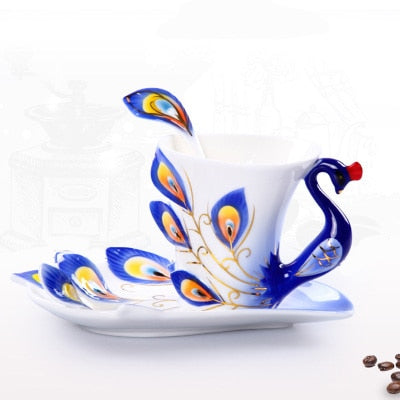 Creative 3D Hand Crafted Porcelain Enamel Peacock Coffee Cup Set with Saucer And Spoon Present