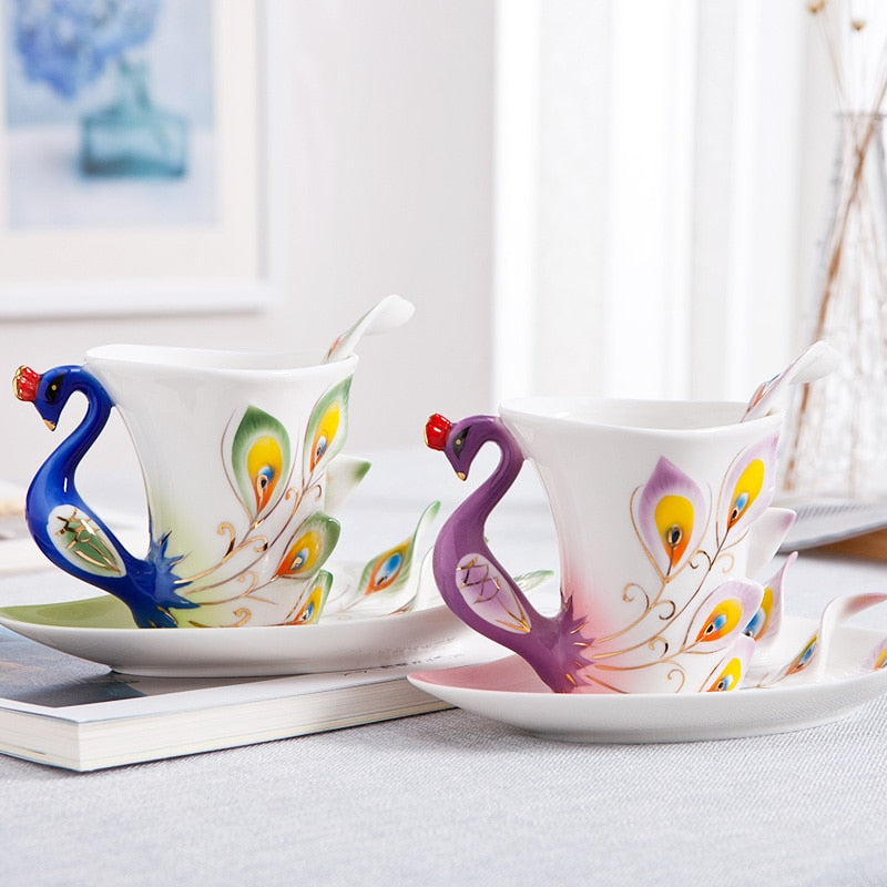 Creative 3D Hand Crafted Porcelain Enamel Peacock Coffee Cup Set with Saucer And Spoon Present