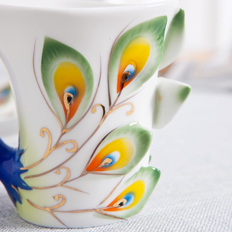 Creative 3D Hand Crafted Porcelain Enamel Peacock Coffee Cup Set with Saucer And Spoon Present