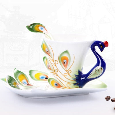 Creative 3D Hand Crafted Porcelain Enamel Peacock Coffee Cup Set with Saucer And Spoon Present
