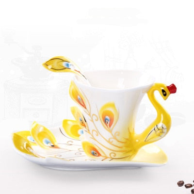 Creative 3D Hand Crafted Porcelain Enamel Peacock Coffee Cup Set with Saucer And Spoon Present