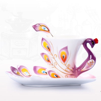 Creative 3D Hand Crafted Porcelain Enamel Peacock Coffee Cup Set with Saucer And Spoon Present