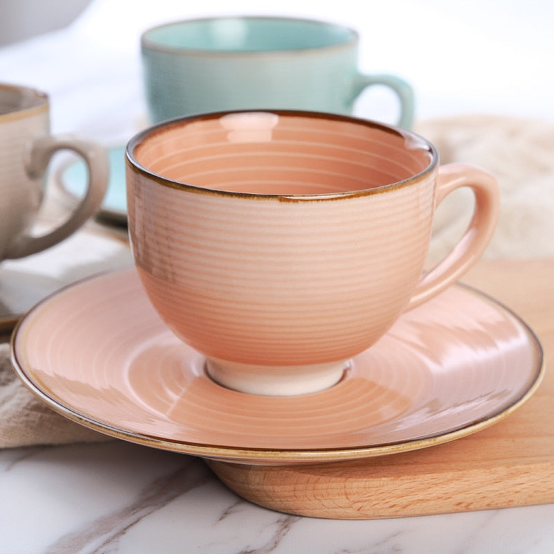 Creative two sets of embossed stripes coffee cups and saucers European-style vintage ceramic