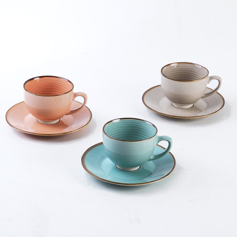 Creative two sets of embossed stripes coffee cups and saucers European-style vintage ceramic