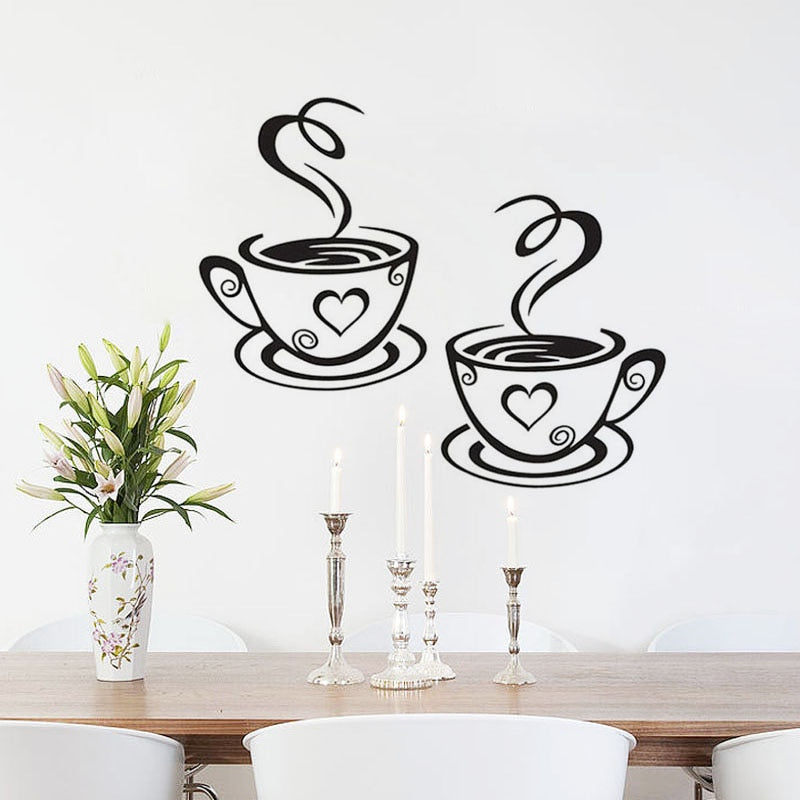 DCTOP Double Coffee Cups Vinyl Wall Stickers Wall Art Decals Adhesive Stickers On The Kitchen Coffee
