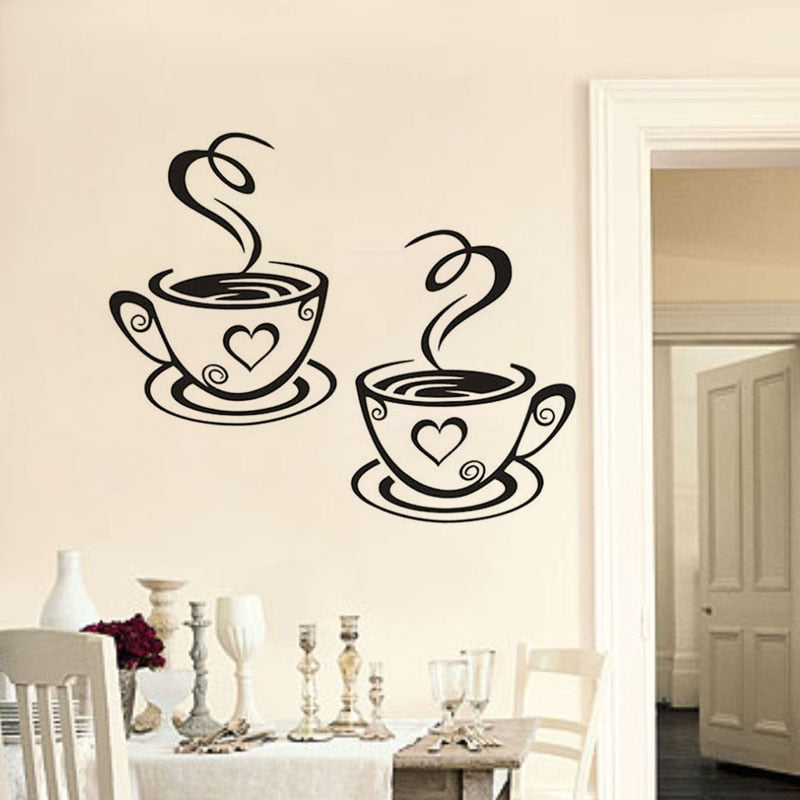 DCTOP Double Coffee Cups Vinyl Wall Stickers Wall Art Decals Adhesive Stickers On The Kitchen Coffee