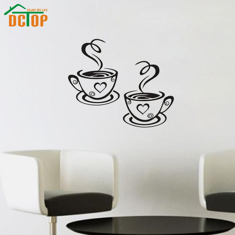 Double Coffee Cups Wall Stickers For Living Room Vinyl Adhesive Art Wall Decals Coffee Shop