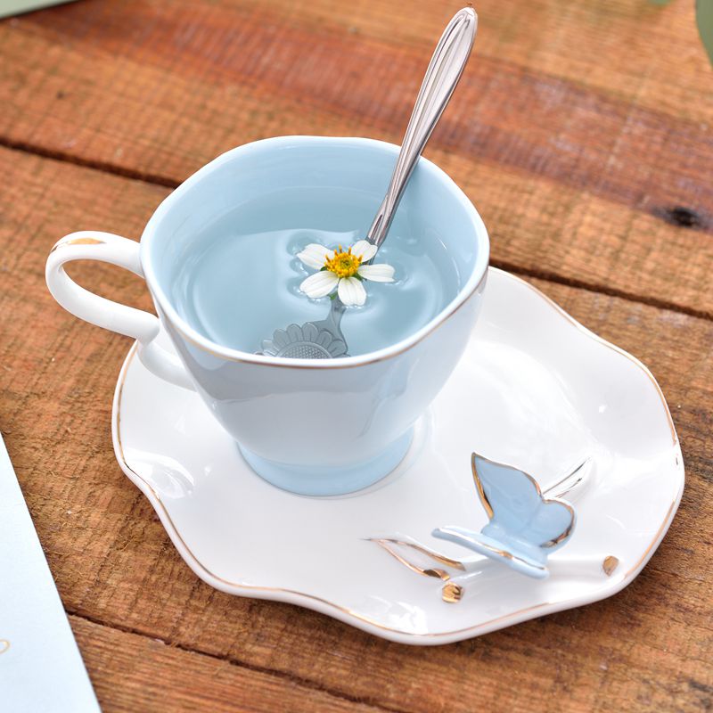 Elegant Butterfly Bird Bone China Coffee Cup Saucer Spoon Set 220ml British Ceramic Teacup Europe