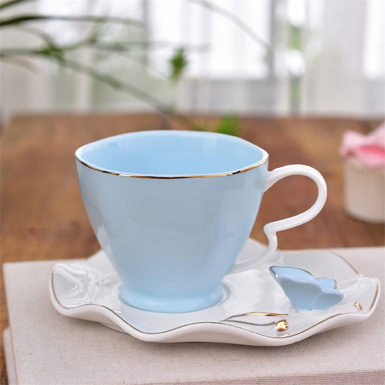 Elegant Butterfly Bird Bone China Coffee Cup Saucer Spoon Set 220ml British Ceramic Teacup Europe