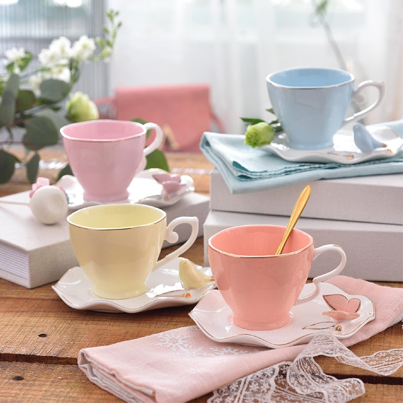Elegant Butterfly Bird Bone China Coffee Cup Saucer Spoon Set 220ml British Ceramic Teacup Europe