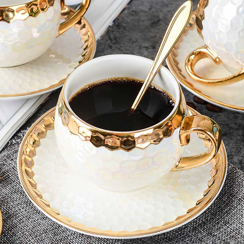 Europe Porcelain Pearl White Cup Set For Coffee Tea Gold Inlay Kitchen Utensils Ceramic Tableware
