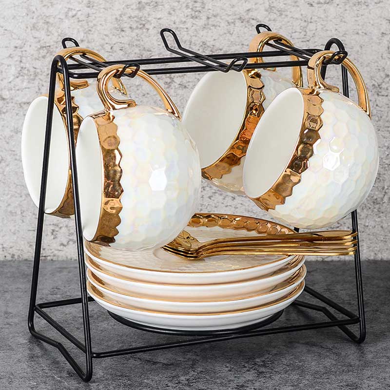 Europe Porcelain Pearl White Cup Set For Coffee Tea Gold Inlay Kitchen Utensils Ceramic Tableware