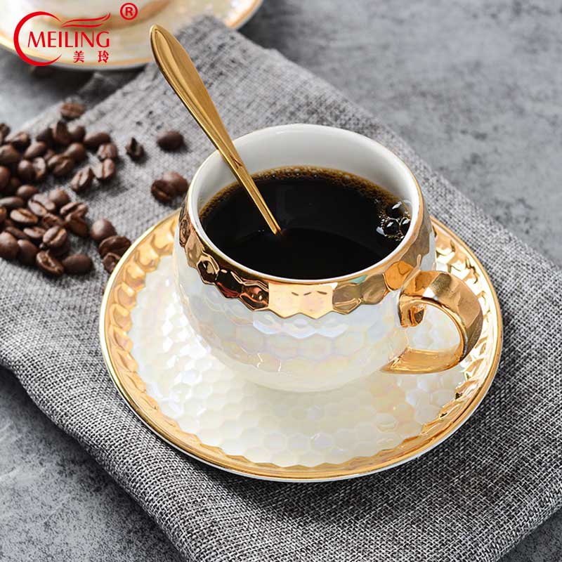 Europe Porcelain Pearl White Cup Set For Coffee Tea Gold Inlay Kitchen Utensils Ceramic Tableware