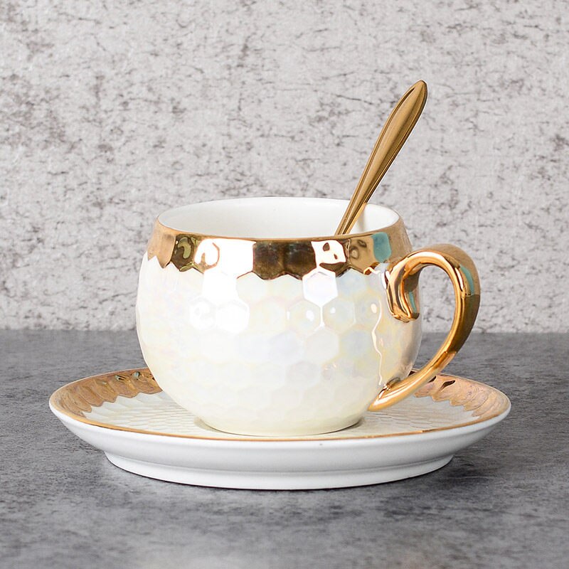 Europe Porcelain Pearl White Cup Set For Coffee Tea Gold Inlay Kitchen Utensils Ceramic Tableware