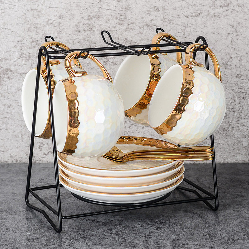 Europe Porcelain Pearl White Cup Set For Coffee Tea Gold Inlay Kitchen Utensils Ceramic Tableware