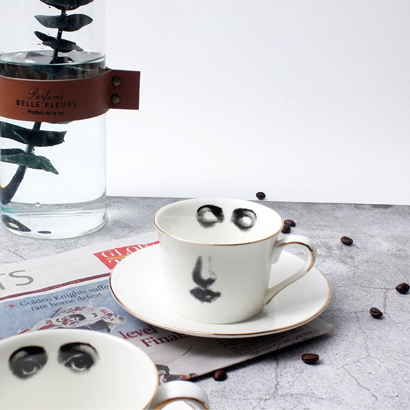 Eye and Nose Coffee Cup and Saucer Set Quality Bone ChinaTazza Afternoon Tea Supply Elegant