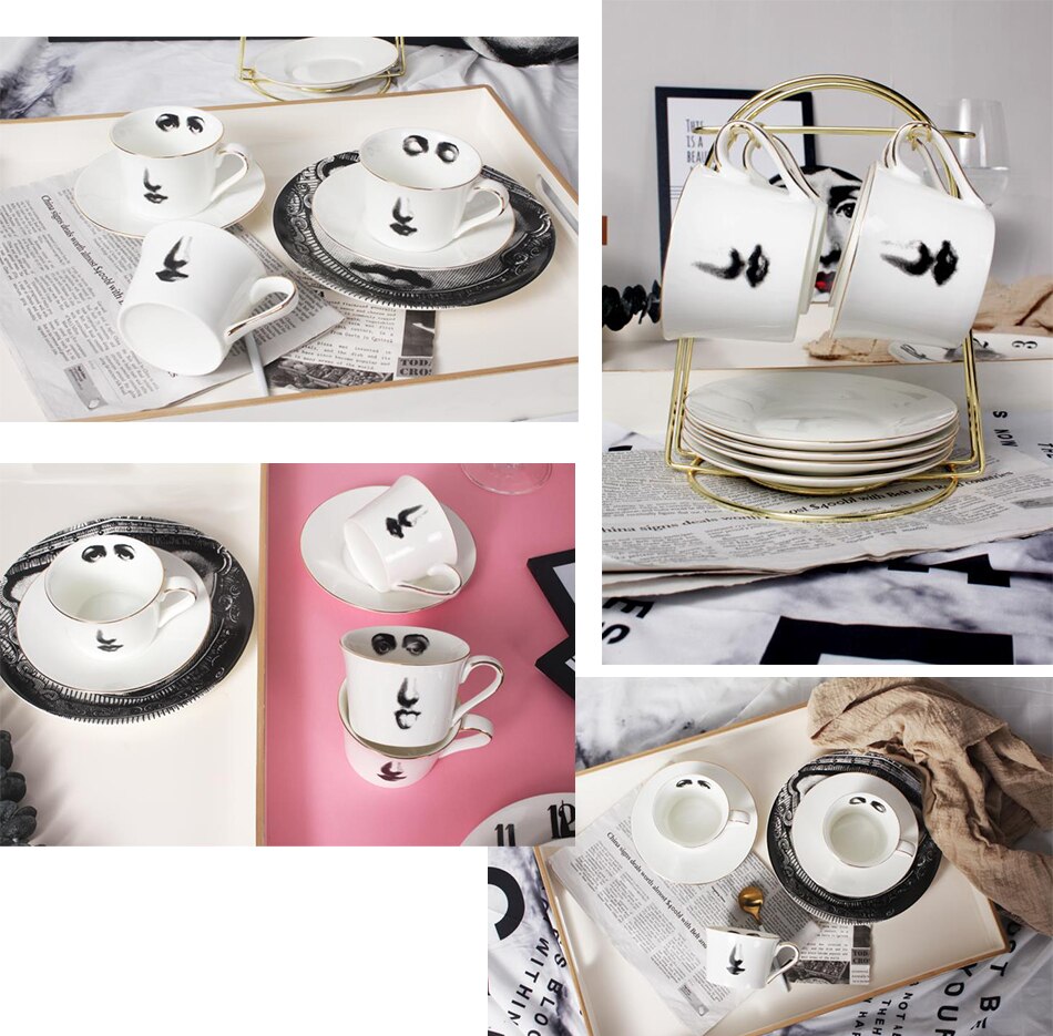 Eye and Nose Coffee Cup and Saucer Set Quality Bone ChinaTazza Afternoon Tea Supply Elegant