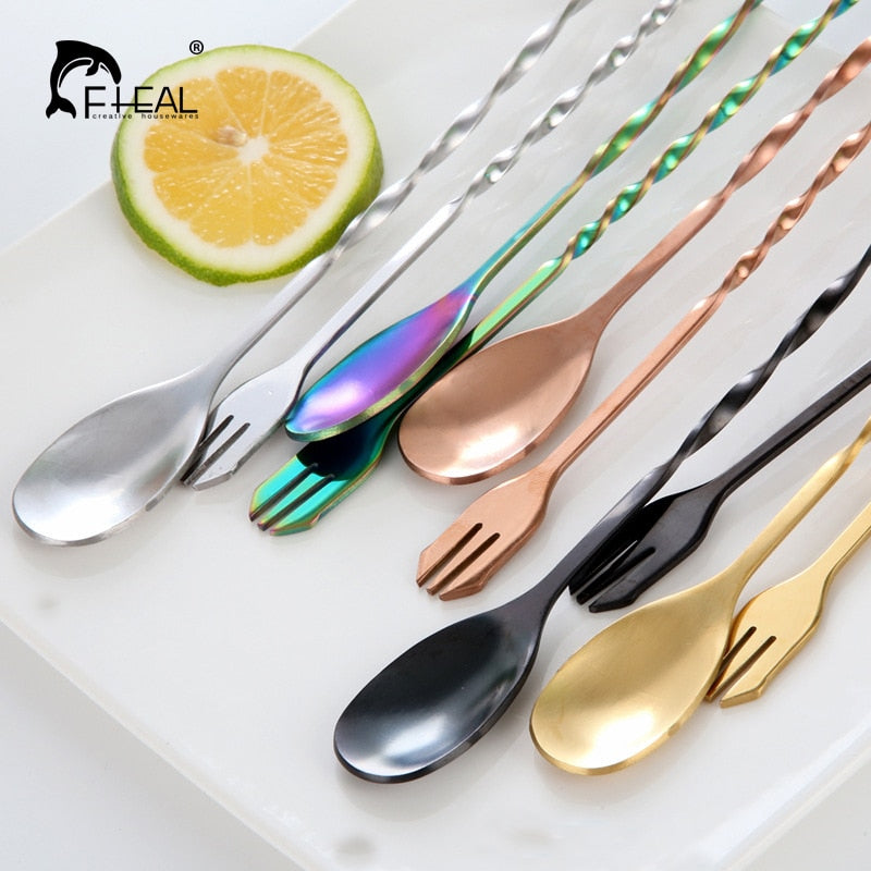 FHEAL 1pc Long Handle Coffee Scoops Stainless Steel With Fork Spiral Handle Cocktail Stirring