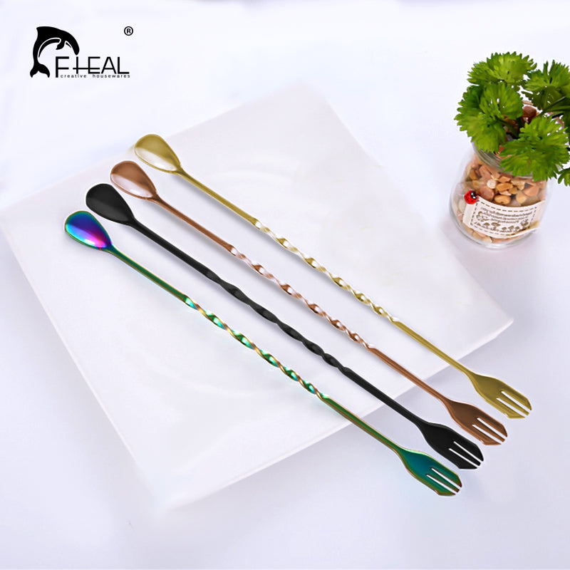 FHEAL 1pc Long Handle Coffee Scoops Stainless Steel With Fork Spiral Handle Cocktail Stirring
