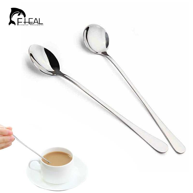 FHEAL High Quality Stainless Steel Long-handled Spoons 2 pcs Flatware for Dessert Coffee Ice Cream