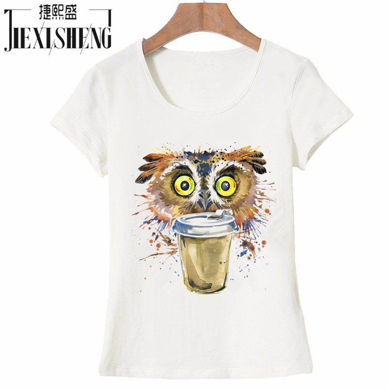 Fashion Women T shirt funny multicolour psychedelic owl Drink coffee Printed t-shirt cotton o-neck