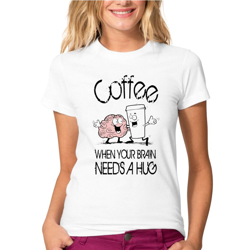 Funny Cartoon Design Coffee Hug Printed T-Shirt Summer Women/Girl Fashion Hipster Cool Short Sleeve
