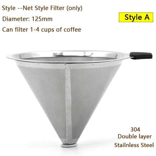HIKUUI 3 Style Coffee Filters Double Layer Drip Reusable 304(18/8) Stainless Steel
