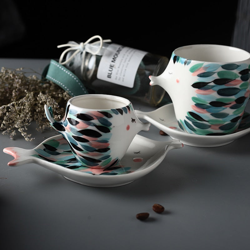 Handmade 3D Fish Shape Ceramic Cup And Saucer Coffee Cup Set Afternoon Black Tea Porcelain Teacup