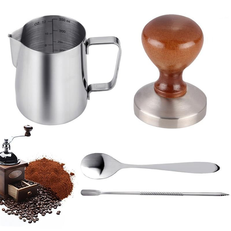 4pcs Coffee Accessories 58mm Stainless steel Coffee Tamper with 12oz Frothing Pither and