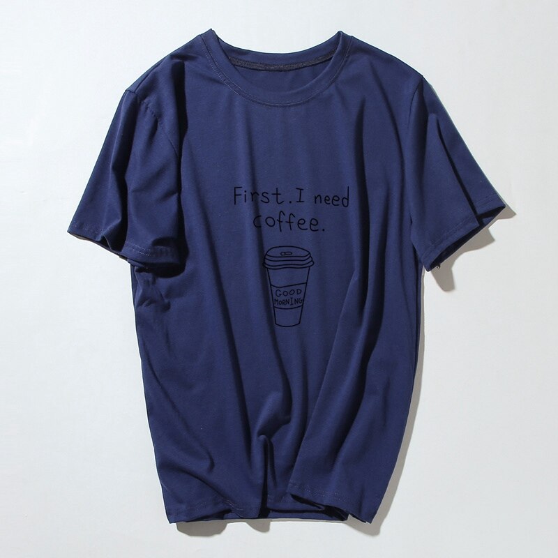 Kpop Coffee Print Short Sleeve T-Shirt Women New Harajuku Funny Tops Tee Couple Shirt Femme
