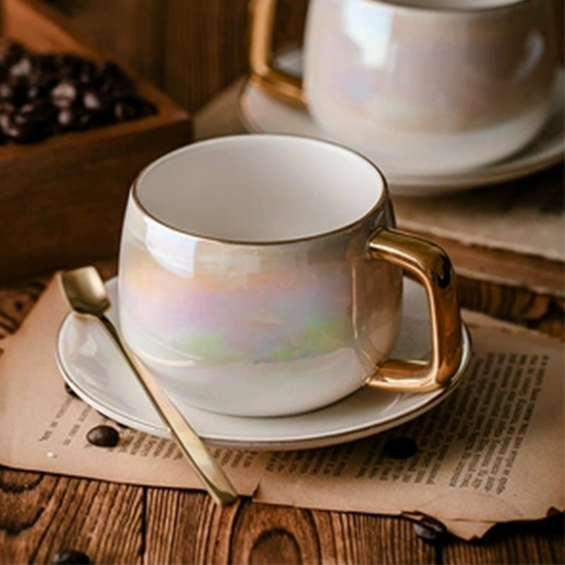 LEKOCH Aurora pearl glaze Ceramic Afternoon Black Tea Cups And Saucers With Spoon Coffee Cup