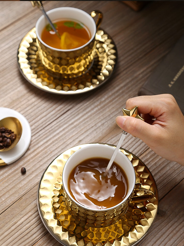 Luxury Court Style Gold Coffee Mug With Tray Spoon Tasse Tazas Scented Tea  Ceramic Cup Cafe